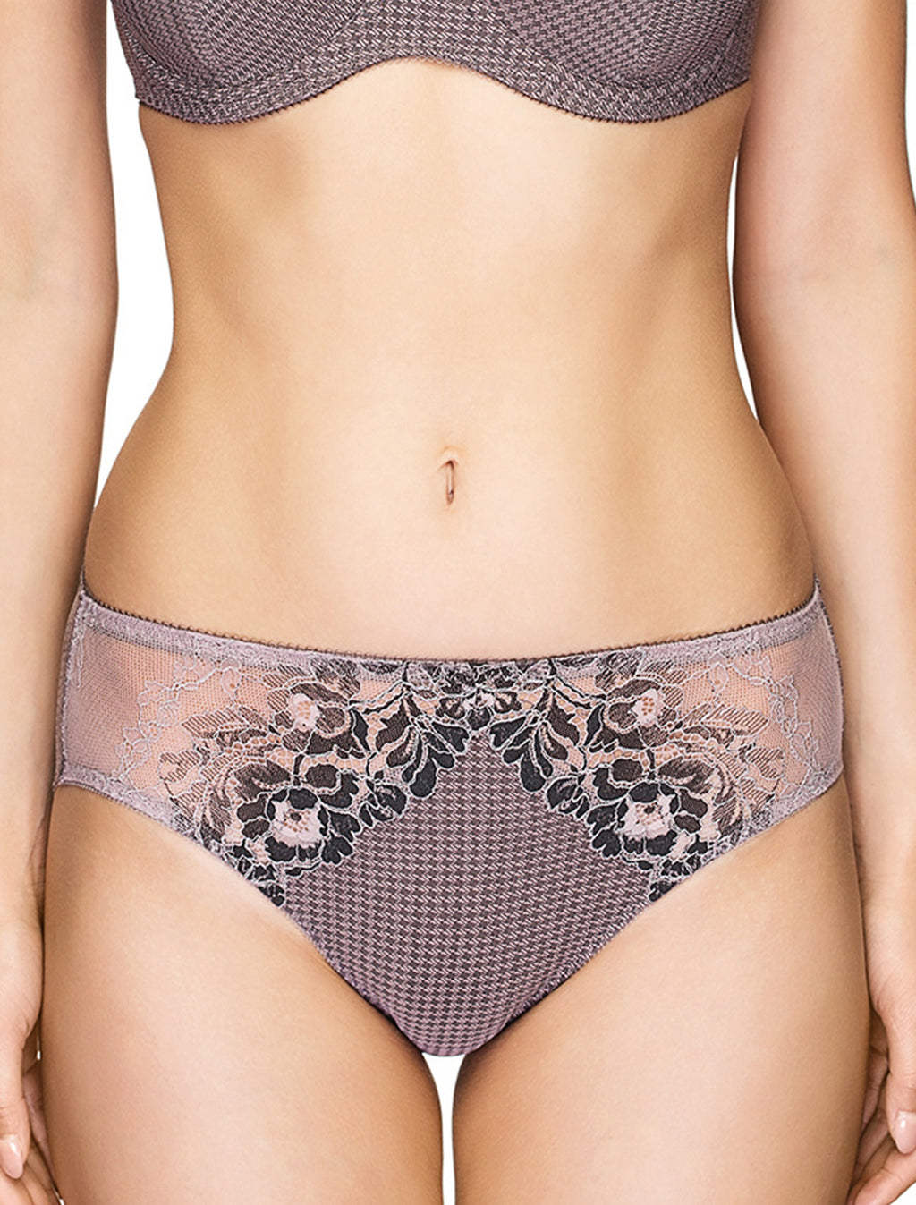 Lauma, Violet Lace And Print Mid Waist Panties, On Model Front, 78H50