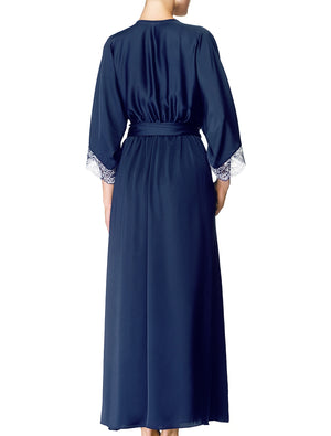 Lauma, Blue Silky Satin Long Dressing Gown, On Model Back, 84H98