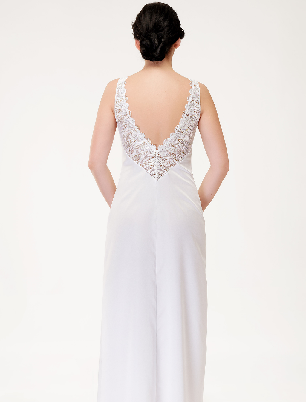 Lauma, White Long Night Dress With Lace, On Model Back, 90J90