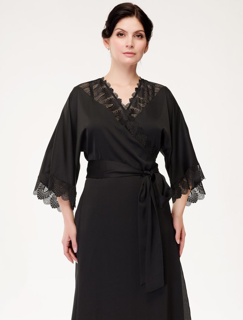 Lauma, Black Dressing Gown With Lace, On Model Front, 90J98