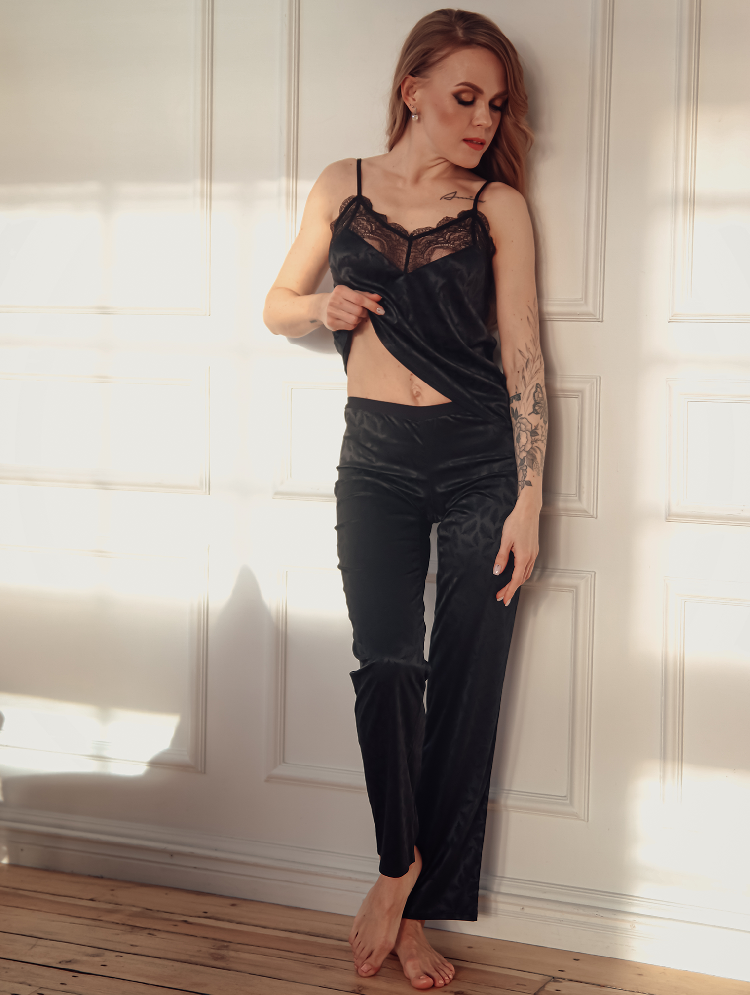 Lauma, Black Jacquard Satin Pyjama, On Model Front, 06N58