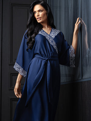 Lauma, Blue Silky Satin Long Dressing Gown, On Model Front, 84H98